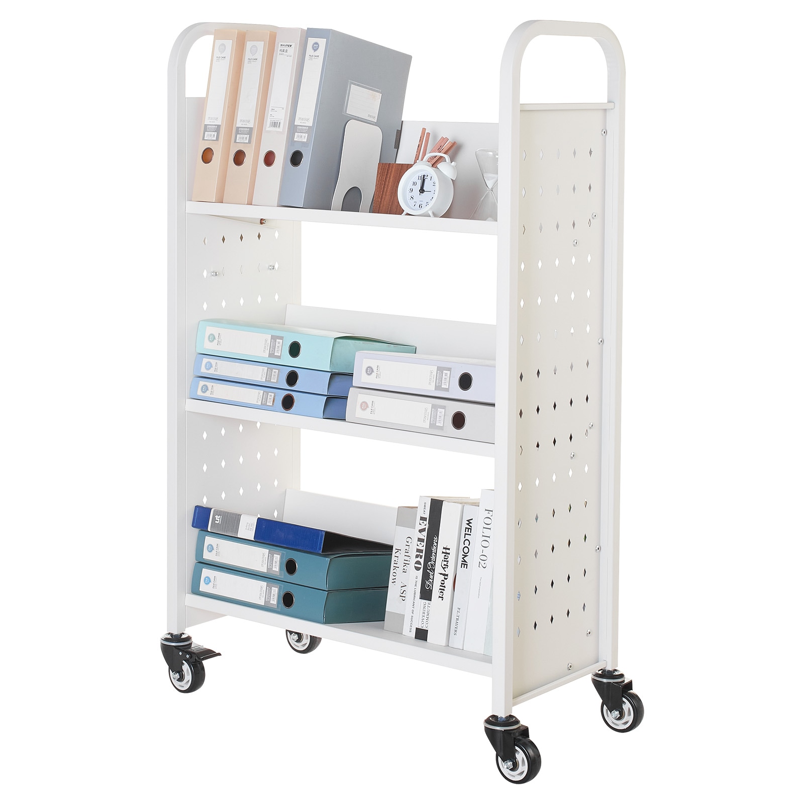 3-tier Rolling Book Cart With V-shaped Shelves In White_voghion.com